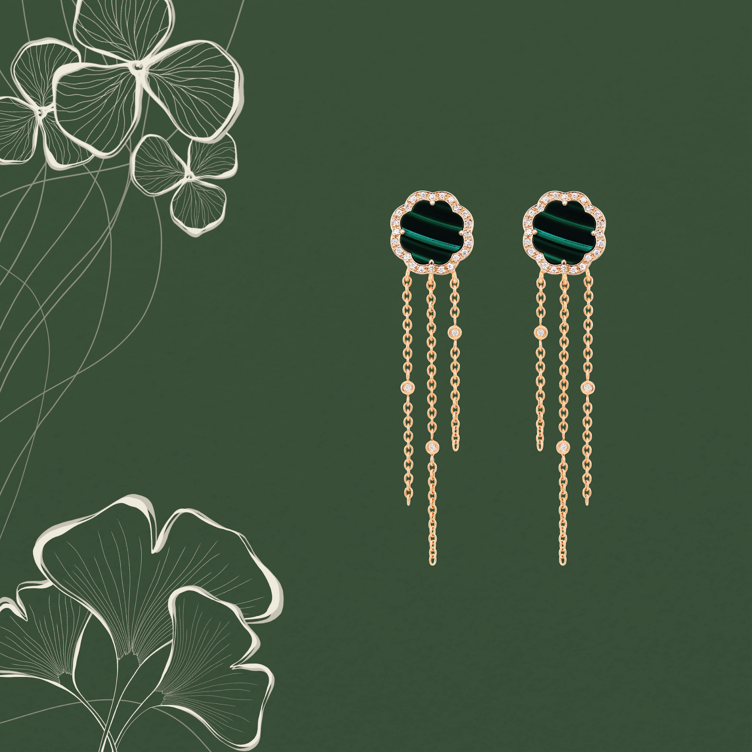 Rose gold pendant earrings from Mimosa En Mémoire collection set with malachite and diamonds.
