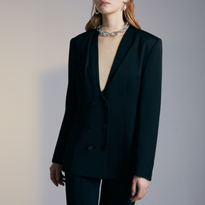 Close-up of the front of a model wearing a Classic Blazer in Black
