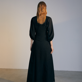 The back of a model wearing a black Gigot Sleeve Dress